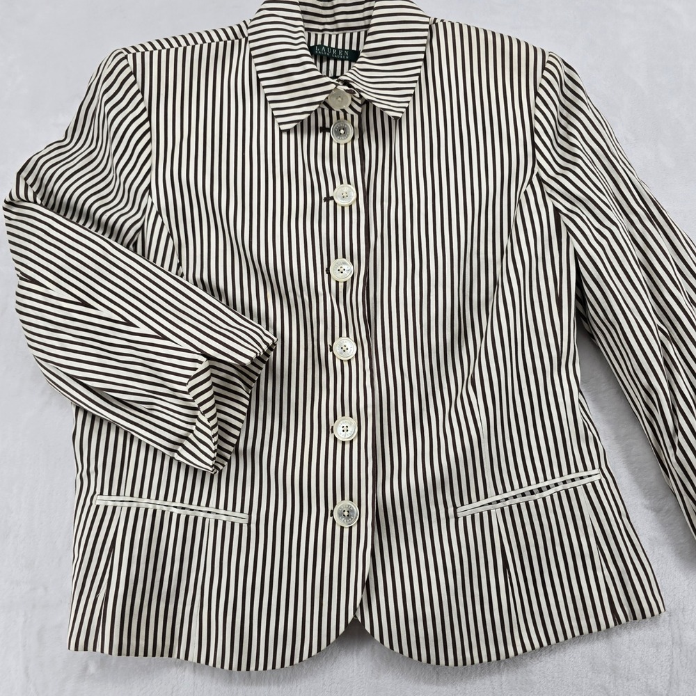 Lauren Ralph Lauren Blazer Womens Striped Jacket Brown White Button Front 6853
